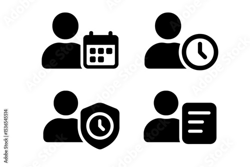 Solid Style Icons. Solid style icons of bio/time profiles: user bio with calendar, schedule summary, planner badge, work profile.