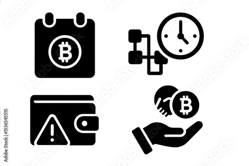 Crypto Icon Set. Solid style icons of crypto reminders: token calendar, blockchain timer, wallet alert, crypto deal tracker. Solid