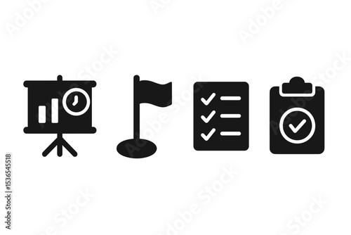 Project Deadline Icons. Solid style icons of project deadlines: delivery chart, final milestone, last task icon, result tracker.