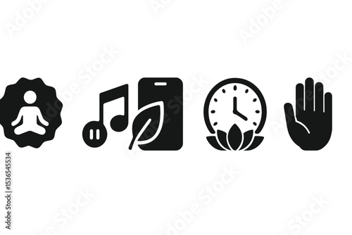 Mindful Break Icons. Solid style icons of mindful break reminders: break reminder badge, soft music pause icon, digital detox