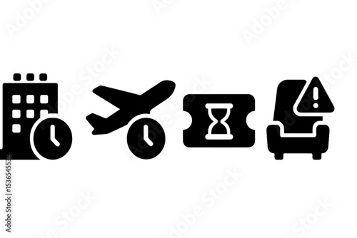 Booking Deadline Icons. Solid style icons of booking deadlines: hotel timer, flight cut-off, ticket end icon, reservation alert.