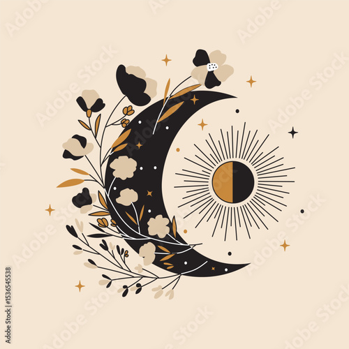 Moon and celestial mystical elements. Rise of inner and spiritual power.