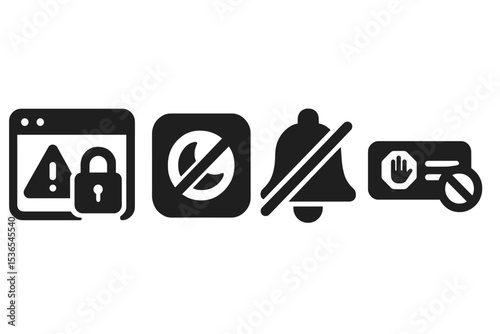 Notification Blocker Icons. Solid style icons of notification blocker: dashboard with alert lock, app icon with do not disturb
