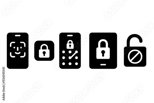 Phone Lock Icons. Solid style icons of phone lock: face ID symbol on phone, secure app lock icon, device with lock pattern,