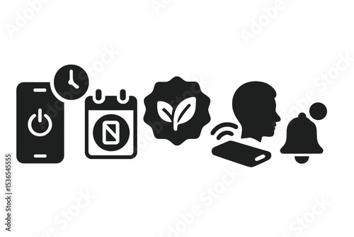 Mindful Digital Detox Icons. Solid style icons of mindful digital detox: phone off timer, screen-free day planner, digital detox