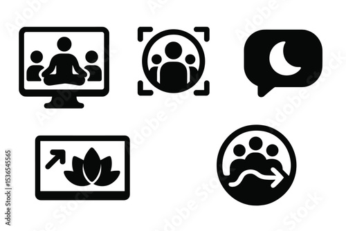Mindful Collaboration Icons. Solid style icons of virtual collaboration mindfulness: digital meeting with meditation, focus ring