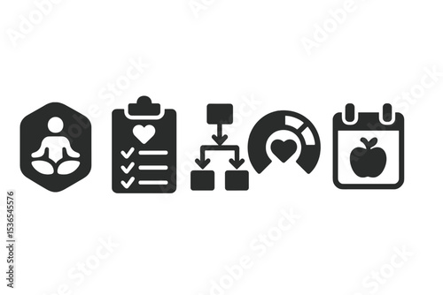 Wellness Icons Collection. Solid style icons of wellness habit trackers: mindfulness app badge, wellness habit goal, habit flow