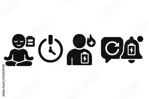 Focus and Recharge Icons. Solid style icons of focus reset & recharge: calm recharge session, power button with timer, user with