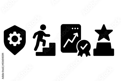 Personal Growth Icons. Solid style icons of personal growth trackers: skill tracker badge, user with upward steps, growth progress