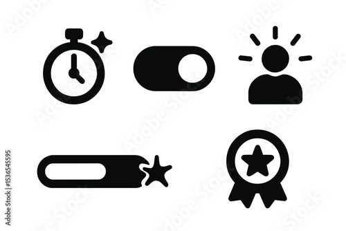Mindful Productivity Icons. Solid style icons of mindful productivity boosters: digital timer with spark, focus mode toggle, user