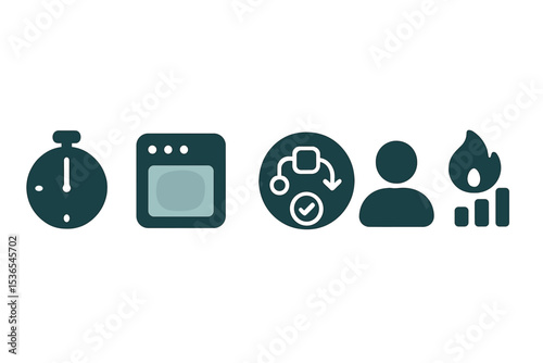 Serene Productivity Icons. Solid style icons of serene productivity tools: timer with calm glow, app with soft focus, gentle