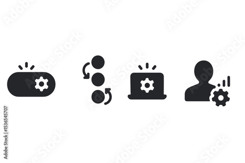 Mindful Automation Icons. Solid style icons of mindful workflow automation: automation toggle with glow, smooth task flow, digital