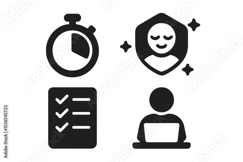 Serene Productivity Icons. Solid style icons of serene digital focus: smooth timer progress, calm focus badge, gentle task list,