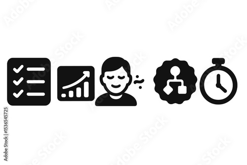 Mindful Digital Icons. Solid style icons of mindful digital focus: task list with soft edges, digital progress chart, user with