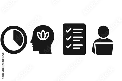 Mindful Digital Serenity Icons. Solid style icons of mindful digital serenity: smooth timer progress, calm focus badge, gentle