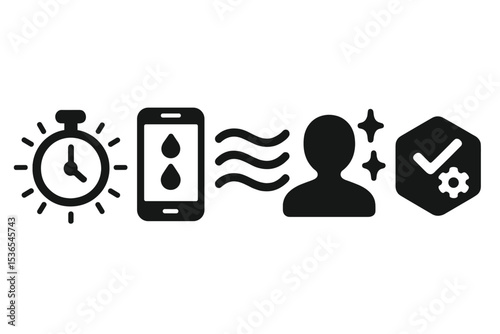 Mindful Digital Icons. Solid style icons of mindful digital serenity: timer with calm rays, app with focus streak, gentle energy