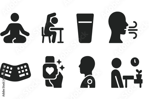 Remote Wellness Icons. Solid style icons of remote wellness practices: user meditating, desk yoga pose, hydration glass, deep