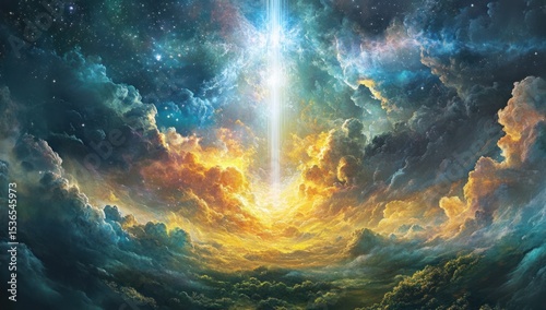 Celestial light breaking through ethereal clouds, revealing a divine realm