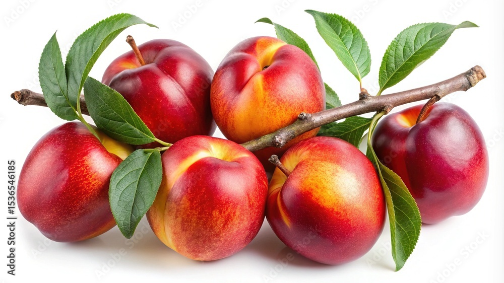 Obraz premium Delicious and fresh red and yellow nectarines on a branch with leaves