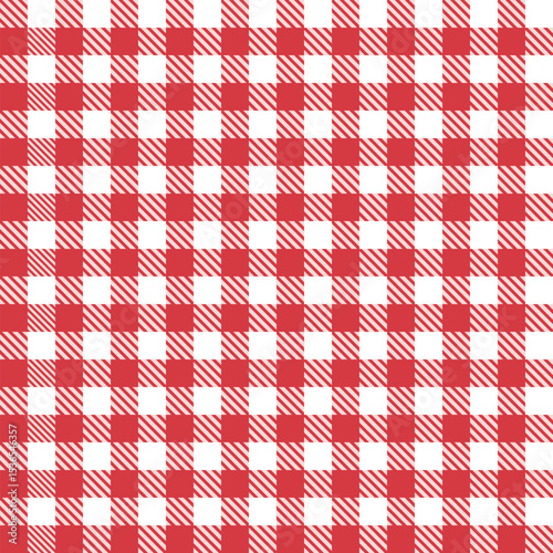Seamless vector pattern with red and white gingham check design, picnic tablecloth textile, classic summer background, retro geometric square fabric layout for seasonal fashion and decorative uses
