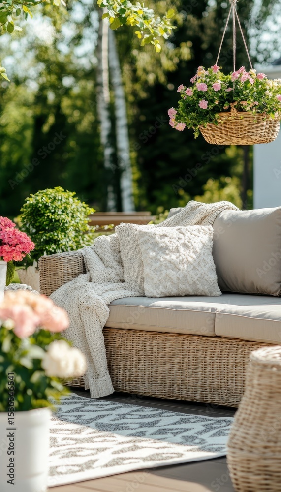 Obraz premium Elegant Patio Relaxation with Wicker Furniture Surrounded by Colorful Blooms and Lush Nature