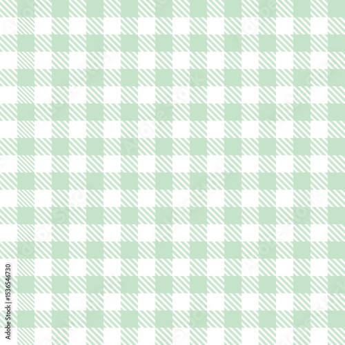 Seamless vector pattern with light green and white gingham check design, spring Easter theme, fresh seasonal textile, picnic inspired background, geometric square style for modern fashion and decor