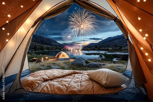 Tent journey through mountains from night to morning with a view of the road and sky during travel