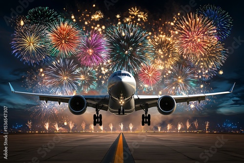 Celebratory fireworks display welcomes airplane arrival at airport nighttime event aviation festive environment front view excitement