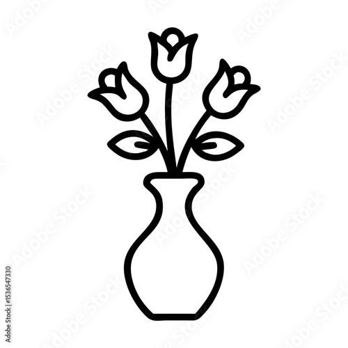 A clean black and white outline drawing of a flowering vase