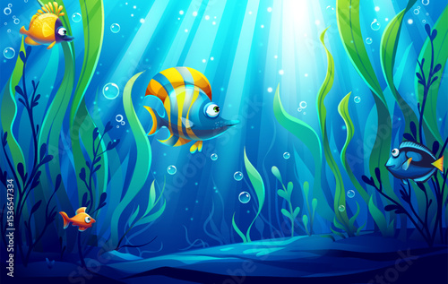 Colorful Underwater Scene with Fish and Kelp