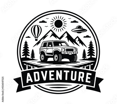 Off-Road Vehicle Club Emblem, Black and White Illustration for Adventure Travel On White Background
