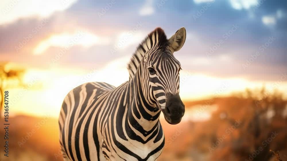 Striking zebra stands alert in a golden grassy landscape with a picturesque cloudy sky at sunset in the African savanna