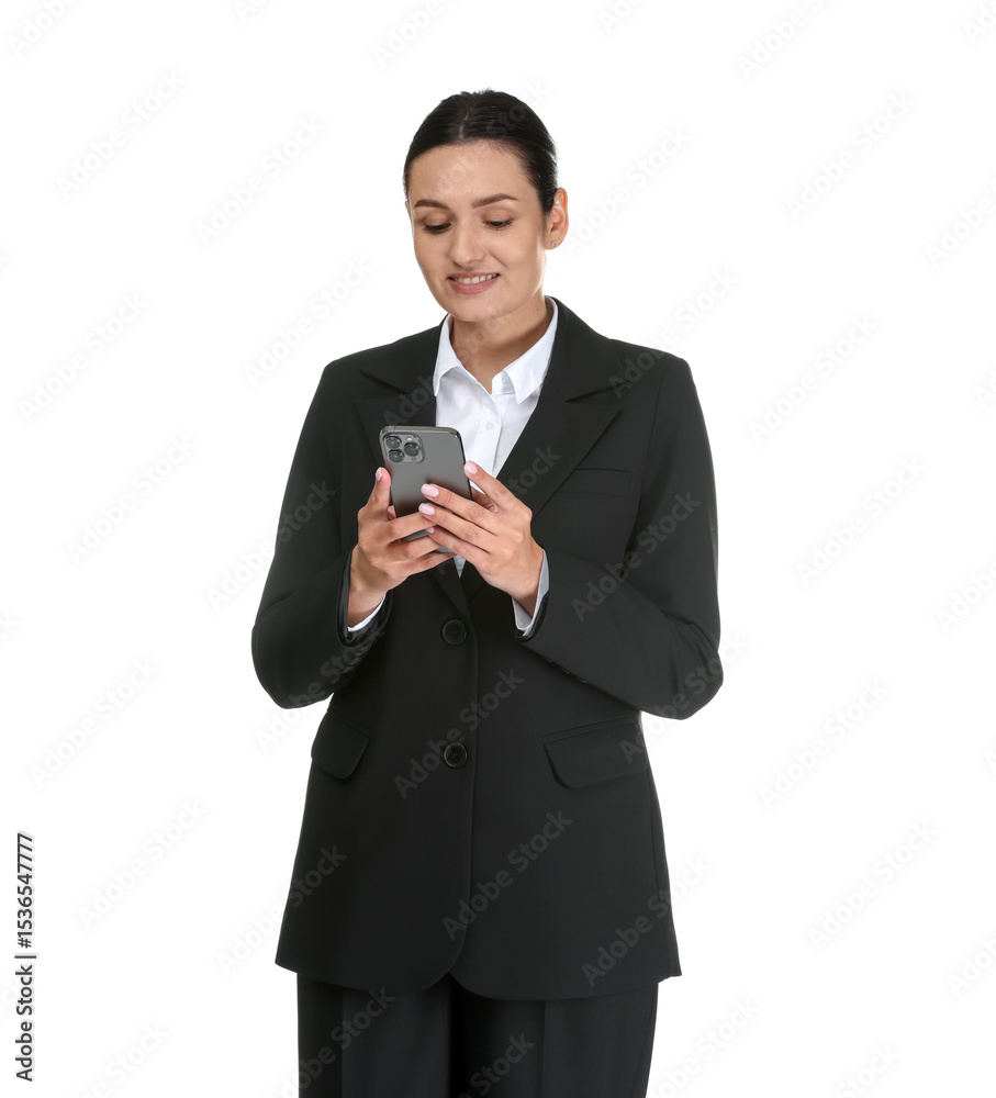 Confident business woman in suit with smartphone on white background Confident business woman in suit with smartphone on white background