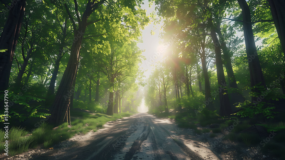 Fototapeta premium Serene Sunlit Forest Paths: Morning Light Filtering Through Lush Canopies