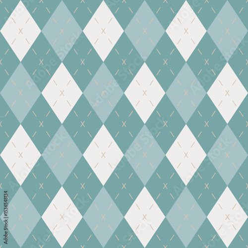 Seamless vector pattern green white argyle diamond check background textile repeat classic preppy stitched fabric design traditional geometric winter cozy golf vintage abstract apparel decoration