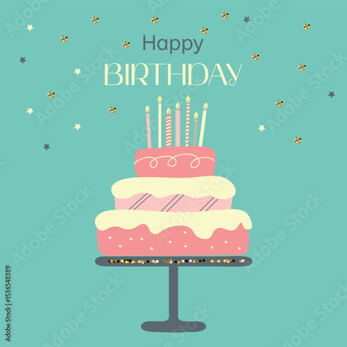 Happy birthday minimalistic birthday greeting card with big cake.  Retro style. 