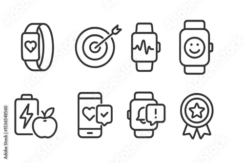 Fitness Tracker Icons. Line style icons of fitness trackers: wearable band, daily goal, stress tracker, mood log, energy balance,
