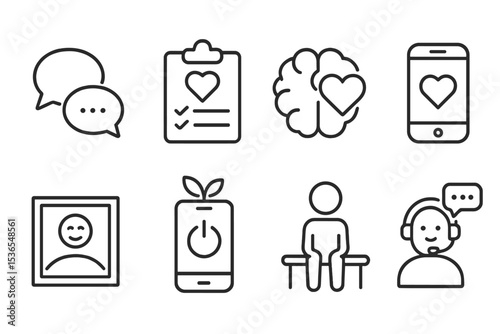 Mental Health Icons. Line style icons of mental health: open conversation, self-care plan, brain with heart, mental health app,