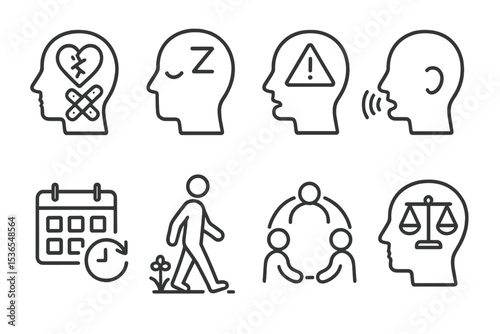 Mental Health Line Icons. Line style icons of mental health: trauma healing icon, emotional rest mode, overwhelm alert, distress