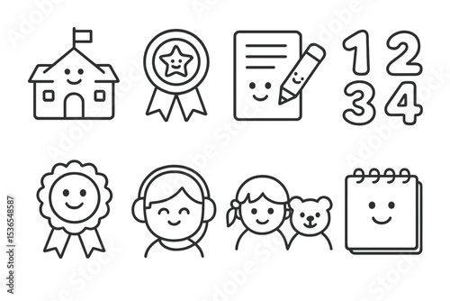Children's Learning Icons. Line style icons of children’s learning: fun school icon, task reward icon, writing helper, number