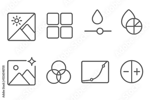 Line Style Photo Filters. Line style icons of photo filters: split toning icon, color preset icon, filter intensity slider,