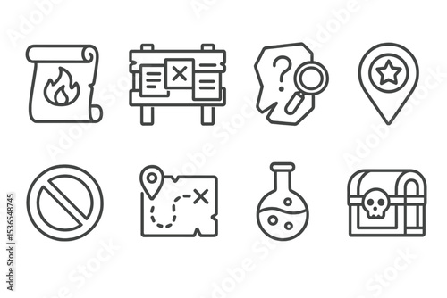 Quest Icon Collection. Line style icons of quests: challenge scroll icon, quest notice board, suspicious clue icon, heroic quest