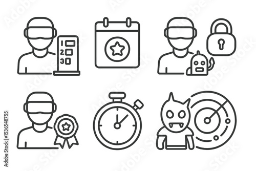 VR Game Icons. Line style icons of VR games: leaderboard in VR, daily challenge icon, unlockable content icon, achievement badge