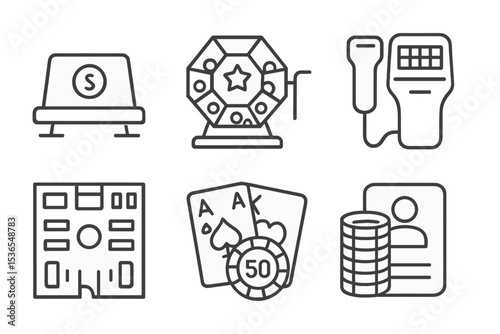 Casino Line Icons. Line style icons of casino: seat reservation tag, lucky draw icon, casino scanner icon, blackjack win hand,