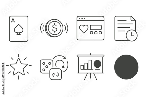 Casino Line Icons. Line style icons of casino: playing card reveal, coin jackpot sound, casino user interface, bet history icon,