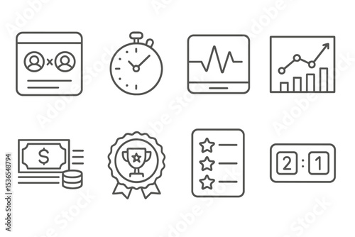 Betting Icons Collection. Line style icons of betting: match schedule icon, event countdown clock, live odds pulse, betting market