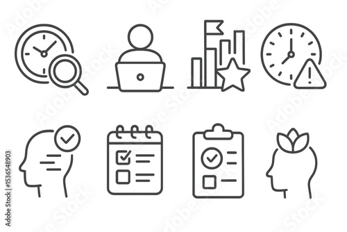 Productivity Icon Set. Line style icons of productivity: time audit icon, single-task mode, motivation progress, deadline alert,