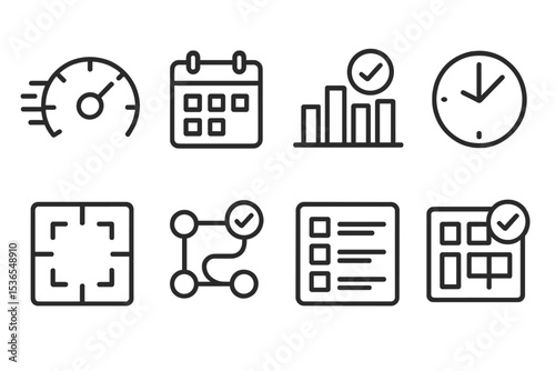 Productivity Icon Set. Line style icons of productivity: rapid task mode, prioritized calendar, success column layout, effective