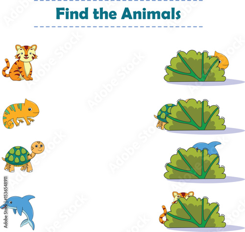 Find Hiding Animals. Child Exercise Sheet with wild animals. Printable worksheet. Cartoon vector illustration