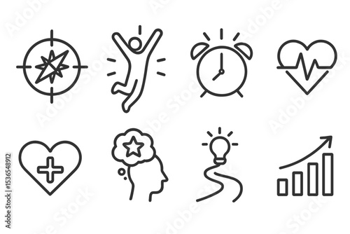 Motivational Icons Collection. Line style icons of motivation: inner compass, inspired leap, morning motivation, rising pulse icon
